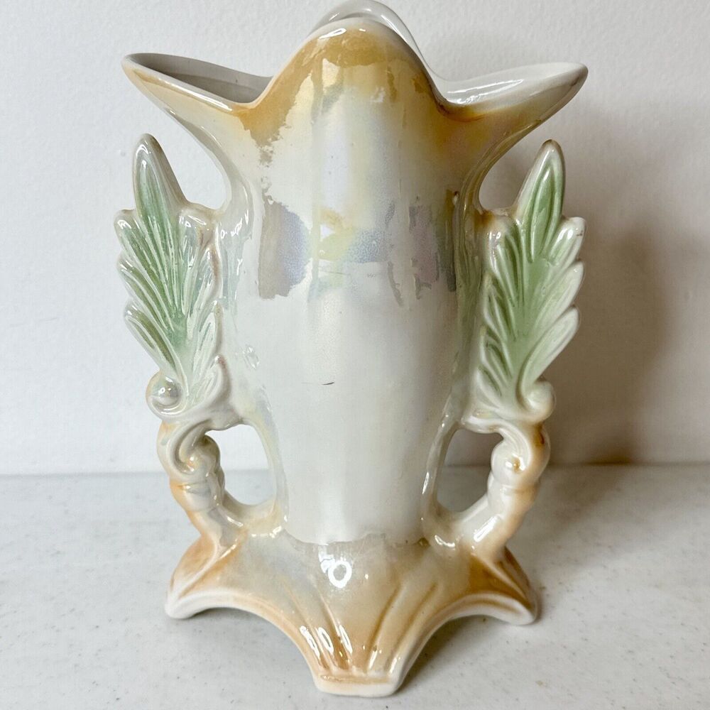 Floral Vase Lusterware Made in Brazil 1749 3D Effect Decor Green Yellow Vintage - Picture 6 of 8
